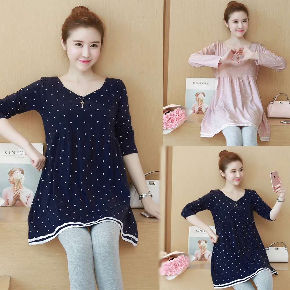 

2018 Spring Clothing Pregnant Women Dress Mid-length Long Sleeve Pregnancy Polka Dot Spring Maternity Dress
