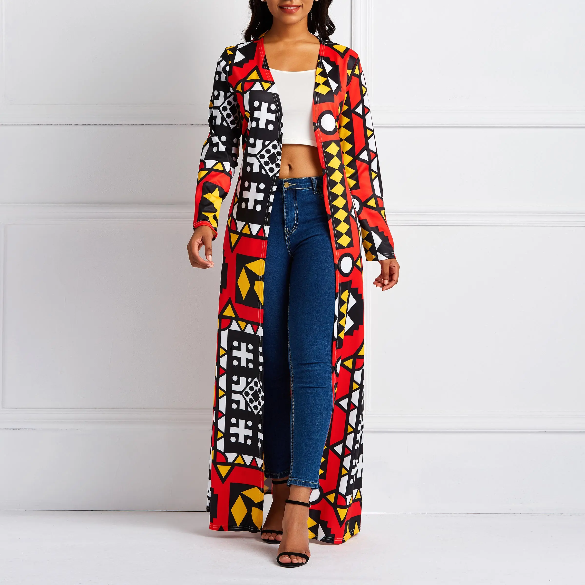 

African Ethnic Print Long Coat Women Overcoat Autumn Outwear Red Plus Size Womens Clothes Lace Up Boho Oversized Trench Coats
