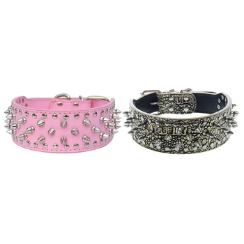 

2 Pcs PU Leather Spiked Studded Dog Collar 2 Inch Wide 31 Spikes 52 Studs-M , Pink & Golden Brown