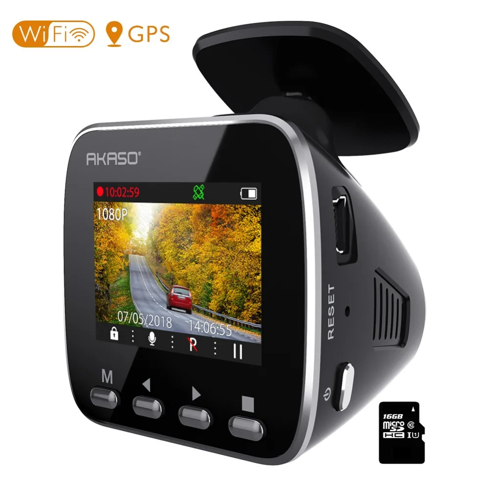 AKASO Автомобильный видеорегистратор V1 HD WiFi для автомобилей с приложением GPS 16 Гб