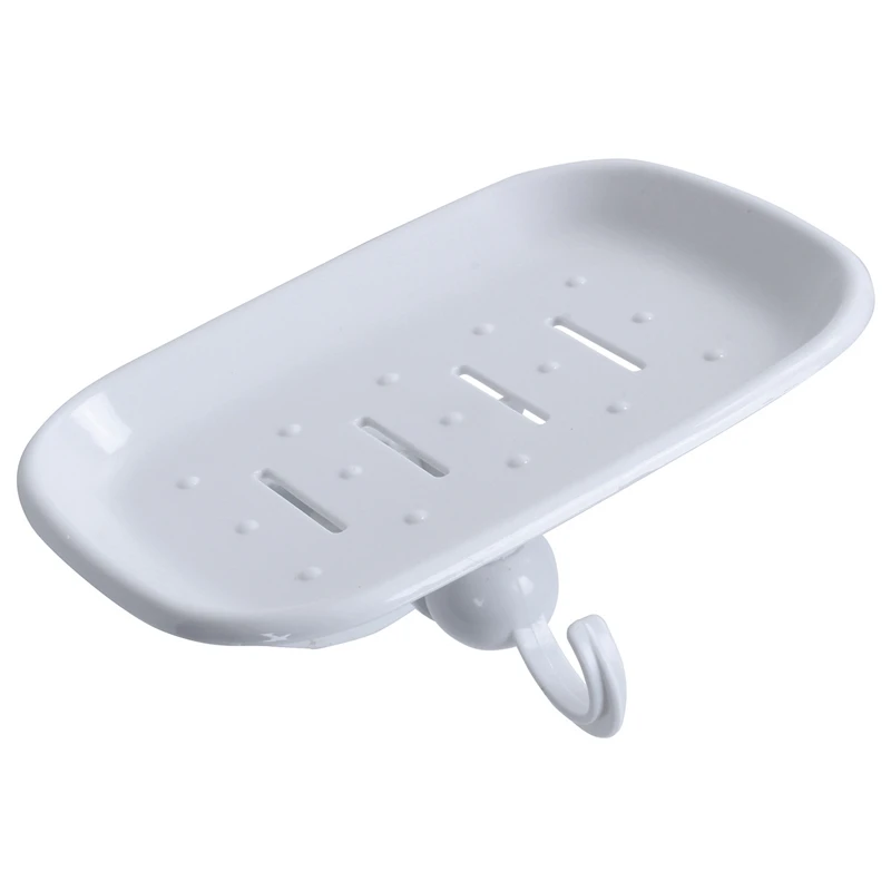 White Hard Plastic Soap Tray Dish Holder w Hook Suction Cup