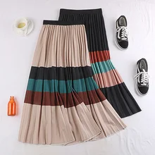 Зима Эластичный пояс стрейч высокая талия миди плиссированные цвета блок юбка для женщин Полосатый женские юбки saia saias faldas