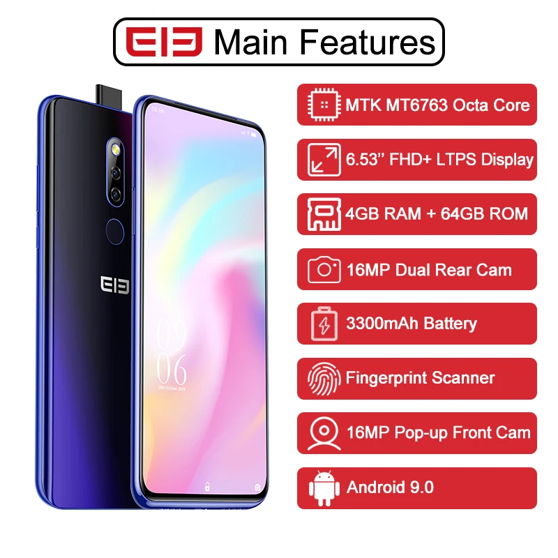  ELEPHONE PX Helio MT6763 Octa Core Smartphone 4GB 64GB 6.53'' FHD+ Screen 16MP Pop-Up Front Cam 330