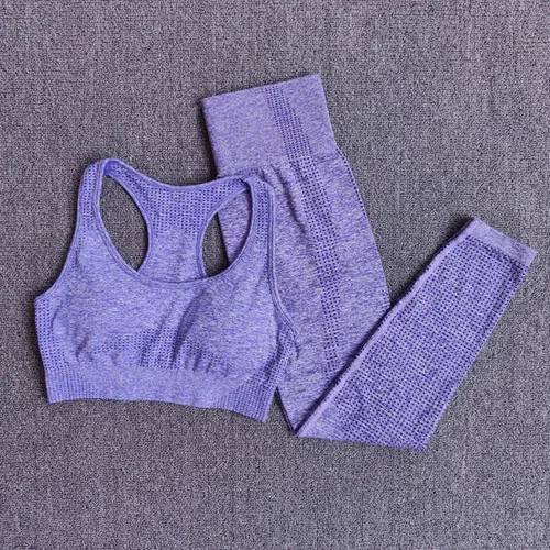 Purple 2 pcs set 2 шт., женские спортивный костюм, бесшовный комплект для йоги, спортивный комплект, высокая талия, леггинсы для бега, спортивные топы для фитнеса, одежда, спортивная одежда - Color: Purple 2 pcs set