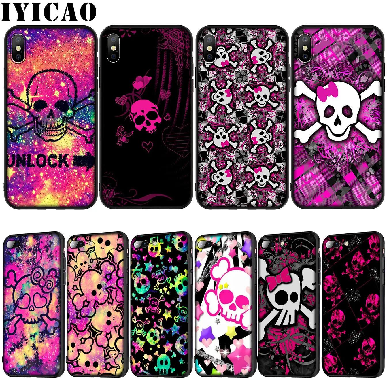 

IYICAO Pink Cute Skull Soft Silicone Cover Case for iPhone XR X XS 11 Pro Max 10 6 6S 7 8 Plus 5 5S SE Phone Case