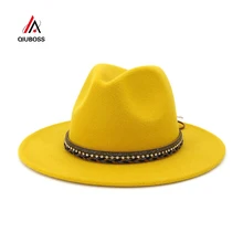QIUBOSS шерсть мягкая фетровая шляпа фетровая Джаз Fedora шляпы для мужчин и женщин платье Панама с широкими полями шляпка для официальных мероприятий Gambler Гангстерская шляпа черного и желтого цвета
