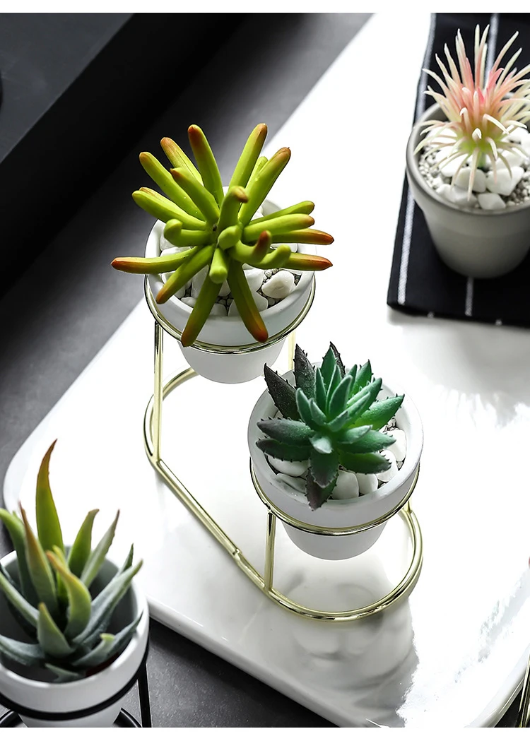 New Pottery Planters Modern Small Flower Pots with Gold Black Metal Stands Decorative Tabletop Ornaments Home Decoration