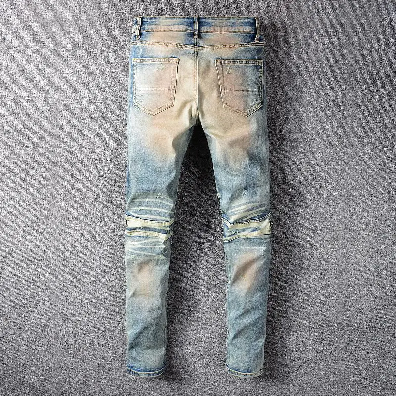 Italian Style New Men Jeans Blue Color Patchwork Casual Pants Slim Fit Brand Streetwear Stretch Biker 2