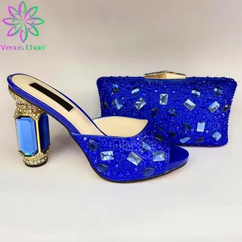 

High Quality Super High Heel in Blue Color Italian Design Italian Party Shoems and Bag Set with Platform Comfortable Heels