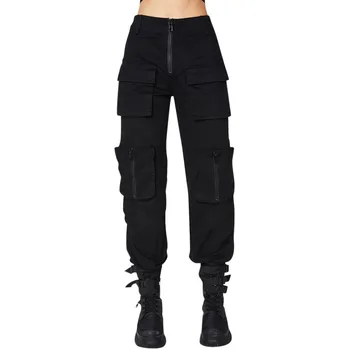 

Women Street Style Cargo Pants Solid Black High Waist Trousers Pockets Women's Sports Pants Casual Pantalones Mujer #35