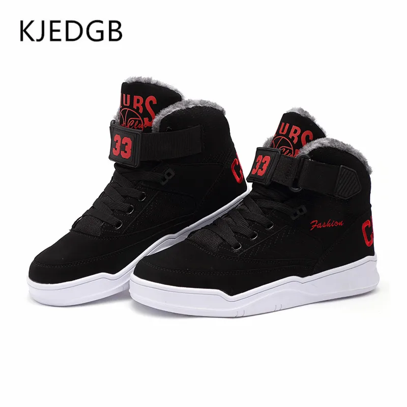Black Red KJEDGB г. Зимняя новая мужская обувь с высоким берцем черные теплые плюшевые кроссовки, повседневная обувь для влюбленных пар ботильоны унисекс большой размер 36-48 - Цвет: Black Red