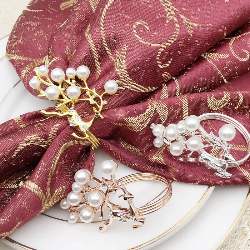

6pcs Gold Silver Elk Napkin Rings Chic Pearls Napkin Rings Metal Deer Napkin Holders Christmas Gifts Xmas Party Decorations