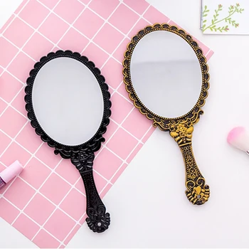 

4 Colors Handhold Makeup Mirror Vintage Black Repousse Floral Oval Round Cosmetic Hand Held Mirror For Ladies Beauty Dresser