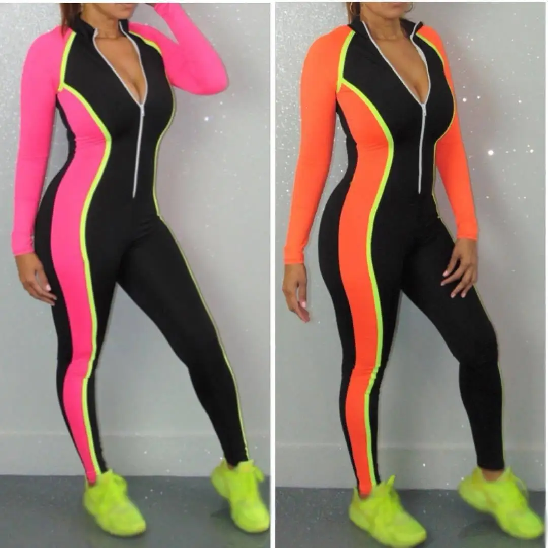 2019 Fluorescent Color Patchwork Women Jumpsuit Zipper Long Pants Slinky Bodycon Rompers