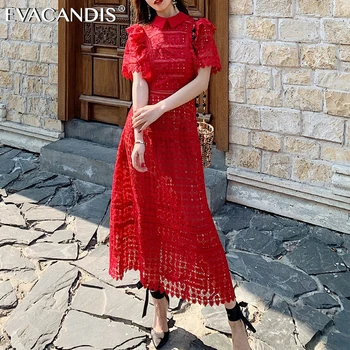 

Red Lace Runway Designer European Style Beach Party Women Self Portrait Brand Vintage Dress Midi High Quality Vestidos