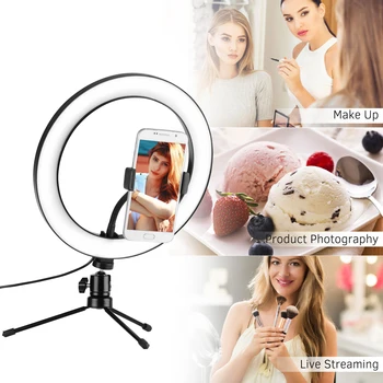 

10inch LED Ring Light Photography Fill-in Lamp with Phone Holder Mini Desktop Tripod for Live Video Recording Broadcast Makeup