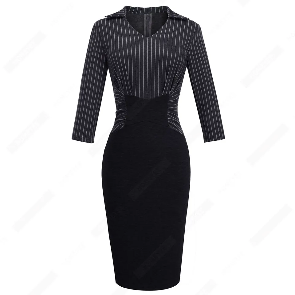 Autumn Winter Strip Casual Business Workwear Pencil Dress Classic