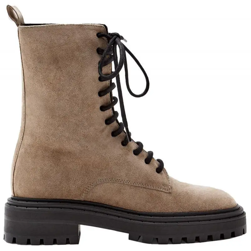 British Style Handsome Motorcycle Boots Thick Bottom Flat Platform Short Boots Lace-up Mid-calf Boot Khaki Suede Leisure Shoes