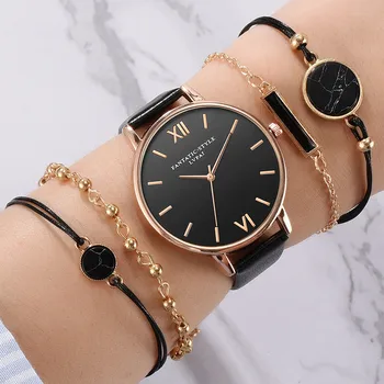 

5pcs Set Watch Women Dress Small And Delicate European Beauty Simple Casual Bracelet Leather Band Analog Quartz WristWatch Clock