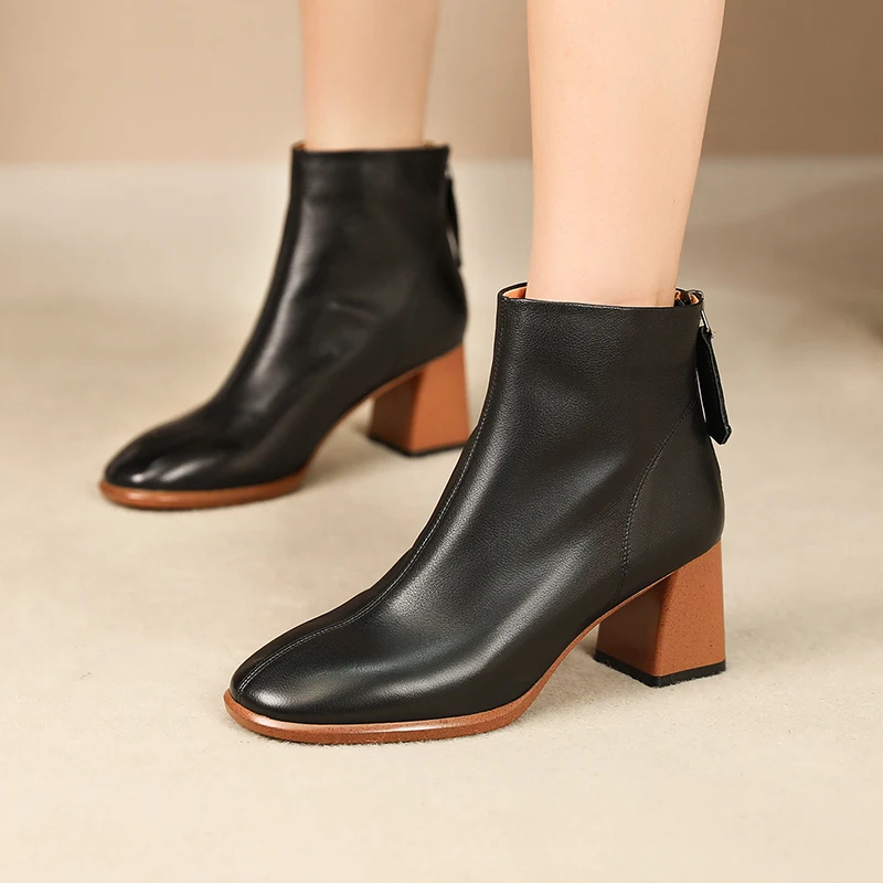 

Plus size 34-42 women's genuine leather thick high heel autumn ankle boots back zip elegant ladies comfortable short boots shoes