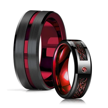 8mm Red Groove Celtic Dragon Ring for Men – Stainless Steel | Zircon Inlay | Carbon Fiber | Wedding Band 1