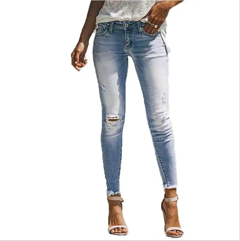 casual hole Jeans Women Hole Hollow Out Bleached Cotton Blue Denim Pants Mujer Elasticity Skinny Push Up Pencil Pants  Spring