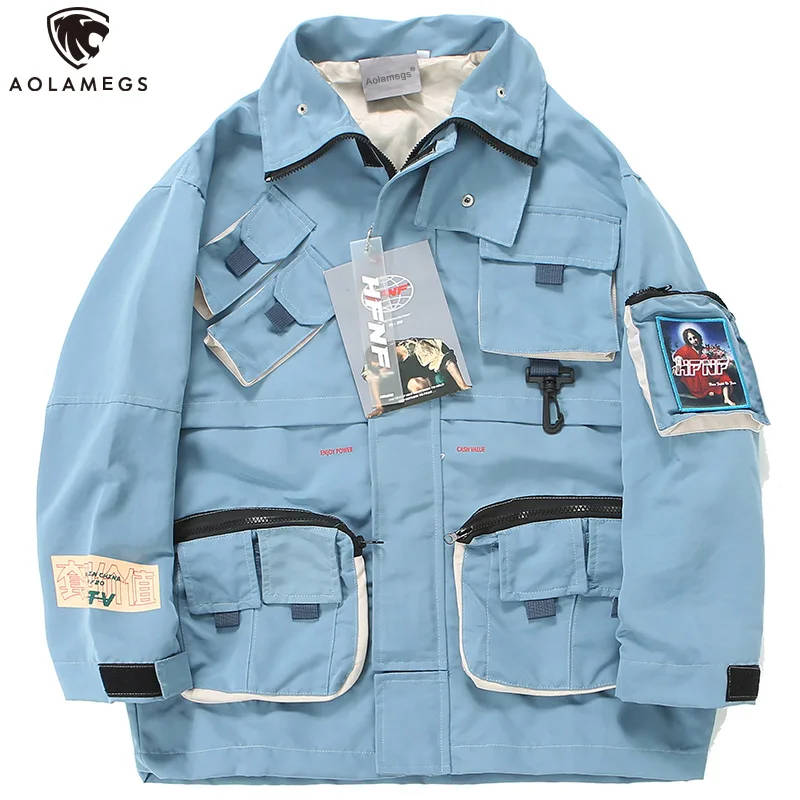 

Aolamegs Jackets Men Multi-Pocket Fashion Jacket Tracksuit Zipper Funny Picture Print High Street Coats Advanced Streetwear