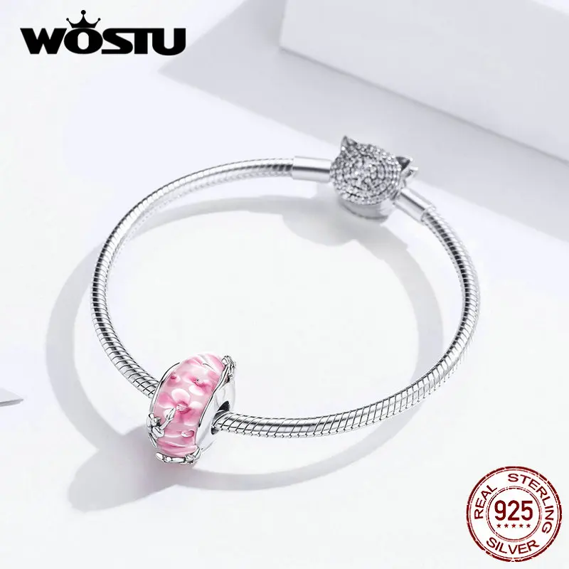 WOSTU Классический 925 пробы Серебряный Розовый стеклянный фаленопсис бисер подходит к оригинальному браслету горячая Распродажа ювелирные изделия CQC1281