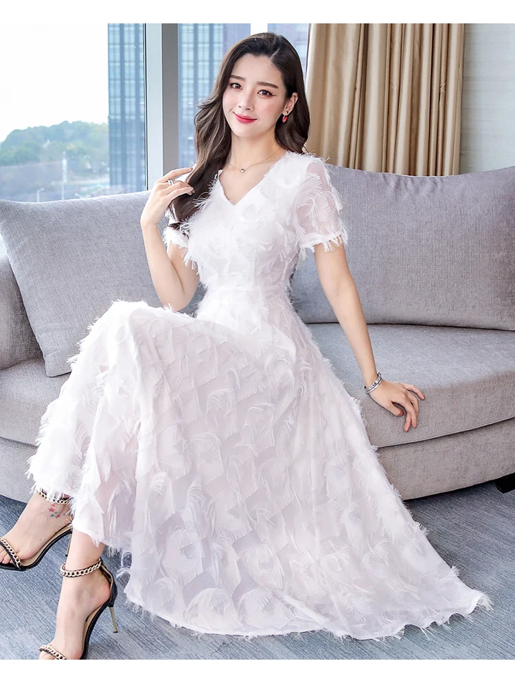 High Quality Plus Size M-3XL Summer New Arrival Hot Sale V Collar Short Sleeve Tassel Woman Chiffon Long Dress QV686