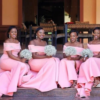 

Cheap Nigerian African Arabic Pink Mermaid Bridesmaid Dresses Off Shoulder Floor Length Maid of Honor Gowns Split Evening Dress