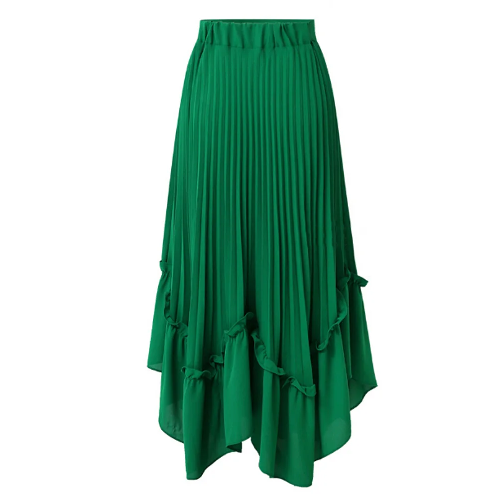 

Autumn Women Long Skirt Green Black Elastic Waist Ruffle Long Pleated Asymmetrical Skirt Plus Size Chiffon Skirt 4XL Jupe Longue