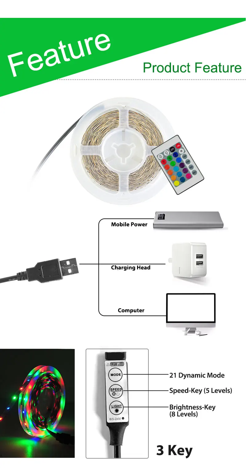 Светодиодная лента 50 см 1 м 2 м 3M 4M 5 м Mini USB DC 5 в 3 ключа 24Key гибкий светильник SMD 2835 Настольный Декор экран ТВ фоновый светильник ing