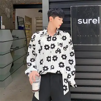 

New summer fashion streetwear homme floral shirts long sleeves hip hop casual loose bow tie decorations men blouses