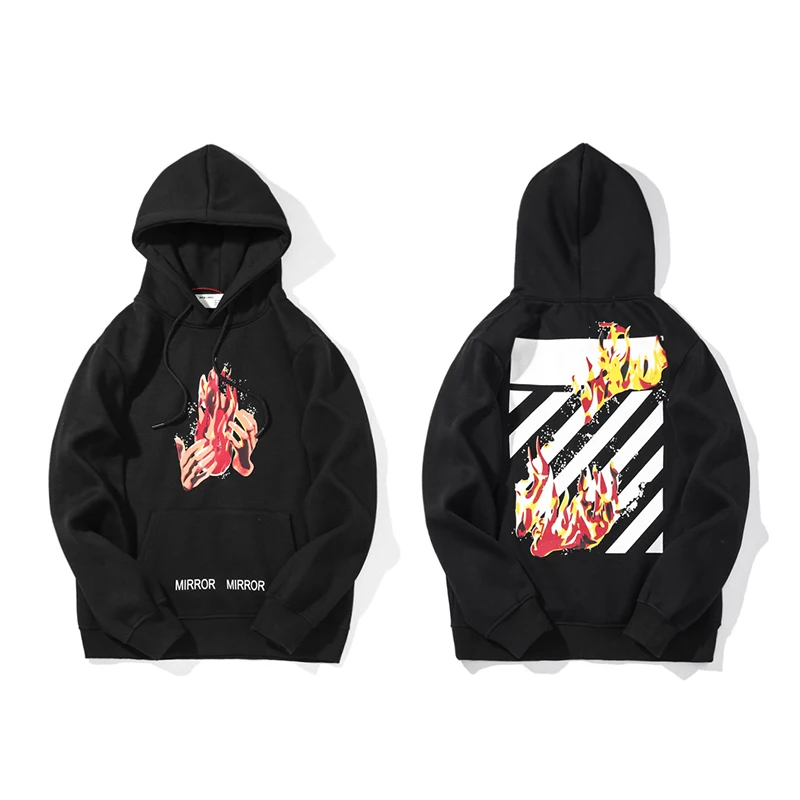 oblique stripe flame 19ss Off-White OW Men/Women autumn winter Cotton Fashion Casual loose Hoodie Sweatshirt Hooded jacket
