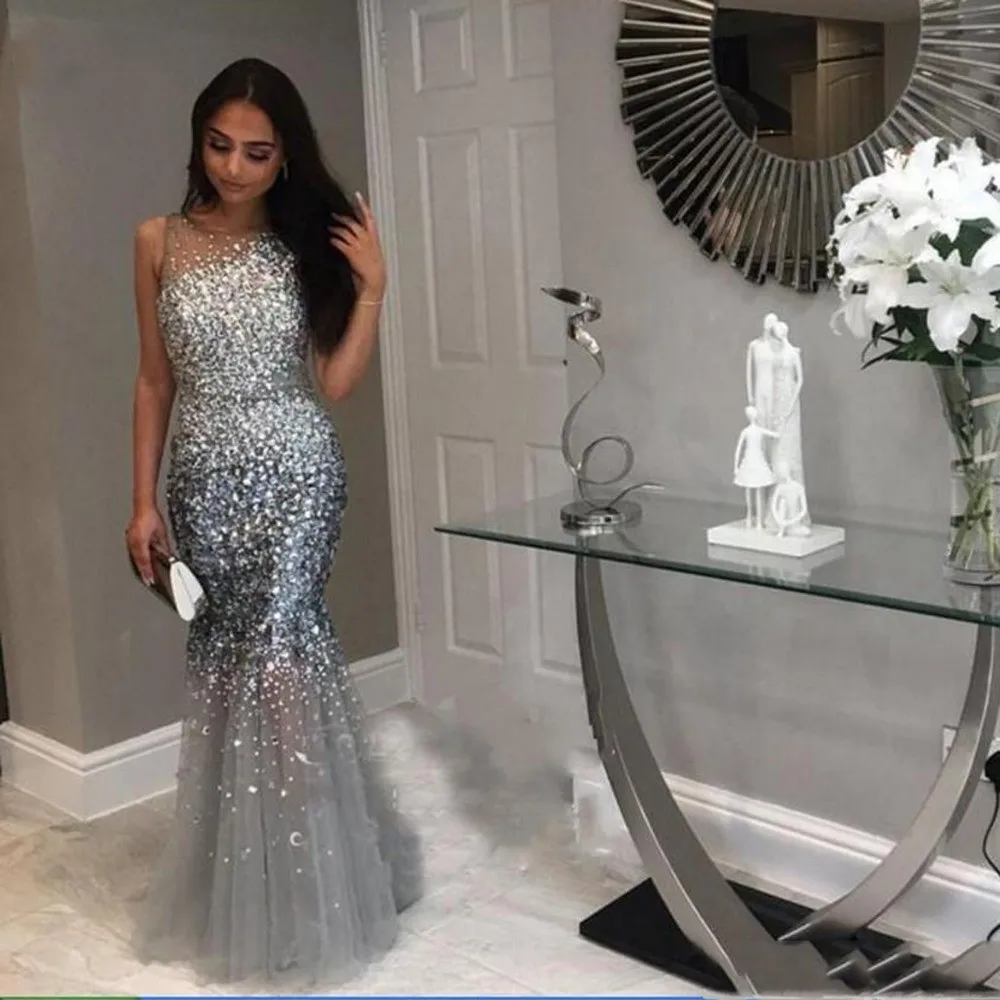 

Luxury Gray Long Mermaid Evening Dresses 2020 Full Crystal Beads Floor Length Sexy Formal Prom Gowns Party Dress Robe De Soiree