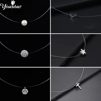 Personality Imitation Pearl Crystal Zircon Star Cross Choker Necklace Women Transparent Fishing Line Invisible Necklaces Fashion