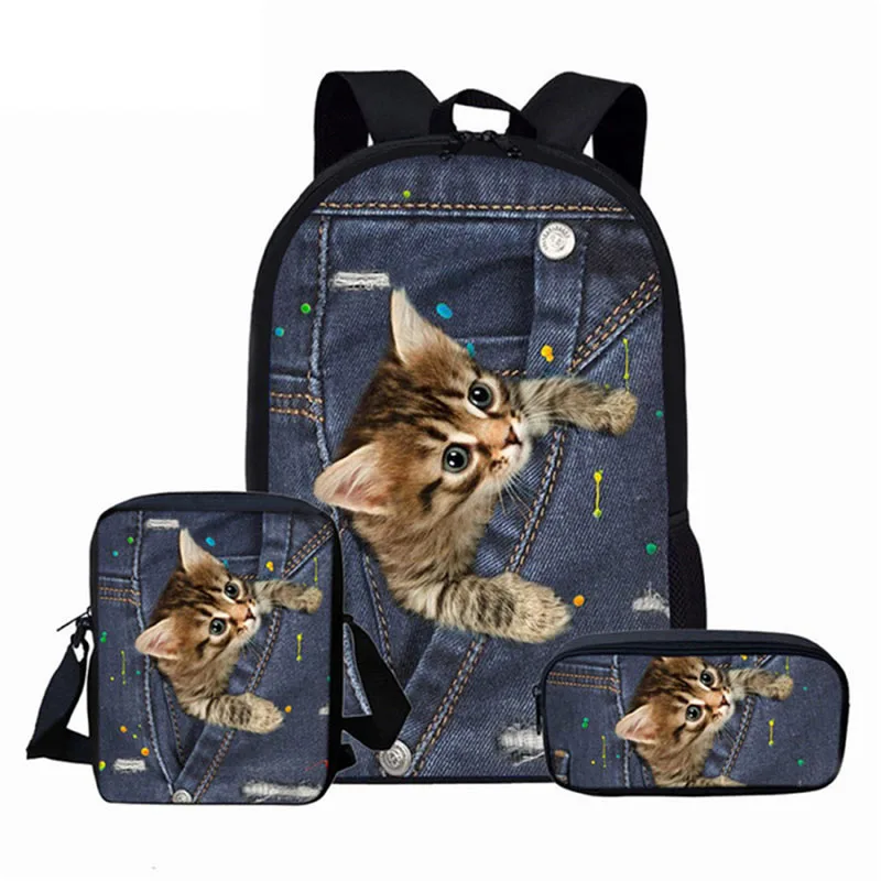 3 unids/set mochilas de escuela para niñas niños lindo Denim Cat impresión de los niños ortopédicos Mochila niños bolsas Mochila
