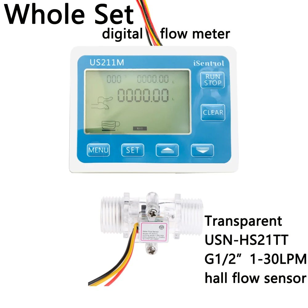 

US211M Digital Flow Meter Totalizer Flow Measurement with Nylon Water Flow Sensor USN-HS21TT G1/2" Turbine Flowmeter iSentro