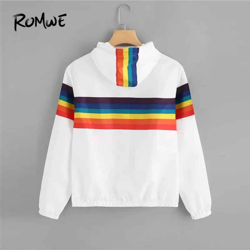 Romwe Спорт Цвет-Block(цветовой блок), в полоску, с капюшоном, для детей ветрозащитная куртка Для женщин осеннее платье с длинными рукавами со шнурком кофта для бега на молнии куртки осень-зима