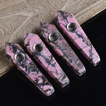 

1PCS Natural Pink Rhodamite Quartz Smoking Pipe Crystal Point Wand Crystal Gemstone With Metal Filter Healing Energy Meditation