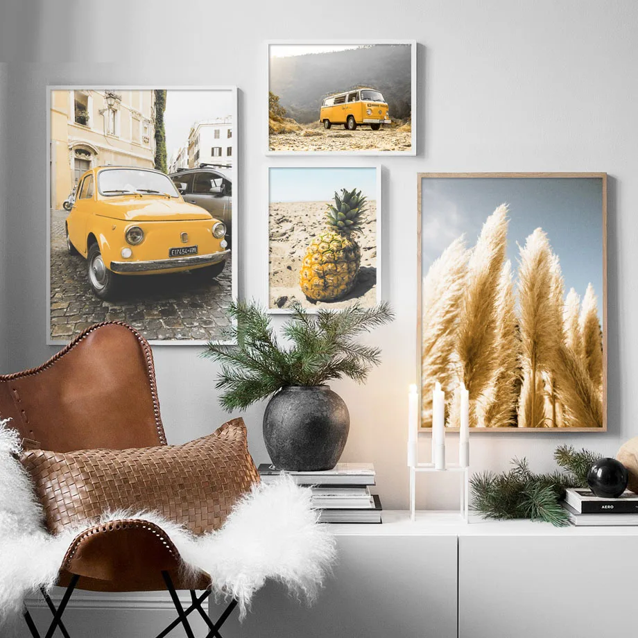 Wall Art Canvas Painting Yellow Van Car Reed High Way Pineapple Nordic Posters And Prints Pictures For Living Room Decor | Дом и сад