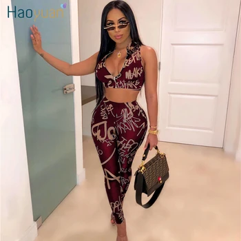

ZOOEFFBB Sexy Letter Print Two Piece Set Women Fall Festival Clothing Crop Top and Pants Suit 2 Piece Matching Sets Club Outfits
