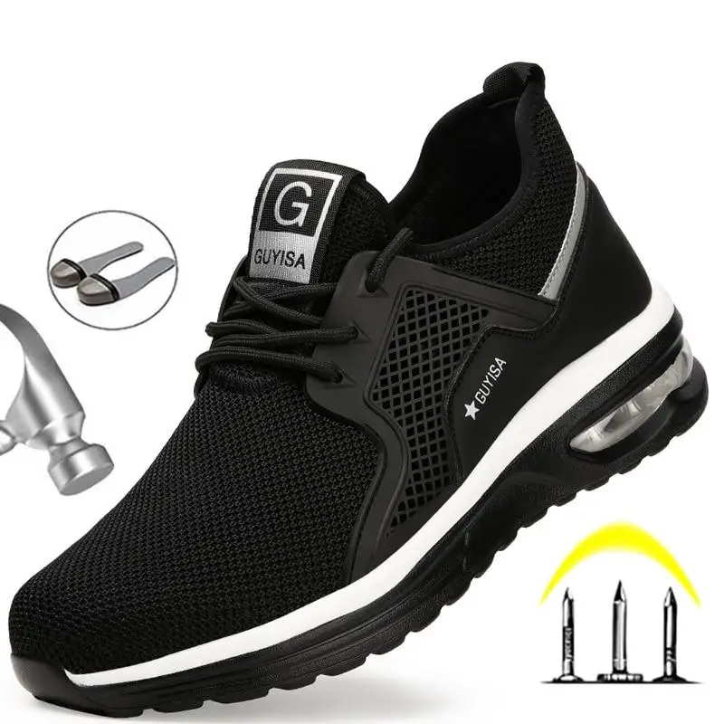 Zapatos de seguridad indestructibles para hombre, zapatillas ligeras antideslizantes de trabajo, transpirables, con punta de acero, a prueba de perforaciones, de malla de aire