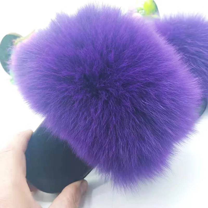 Purple Серые Тапочки с лисьим мехом, размеры 36-45 женская меховая обувь женские пушистые домашние тапочки с мехом енота женские пляжные сандалии с мехом, кроссовки - Цвет: Purple