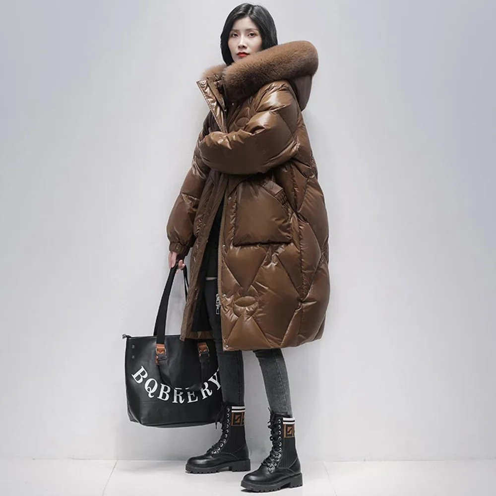 

90% белый утиный пух, пальто, длинный пуховик, новинка 2022, женская зимняя длинная свободная парка большого размера с воротником из лисьего меха