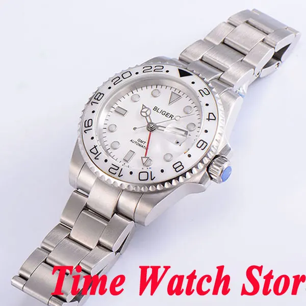Bliger 40mm GMT mechanical Automatic watch men waterproof steel bracelet white dial luminous saphire glass Ceramic Bezel 191