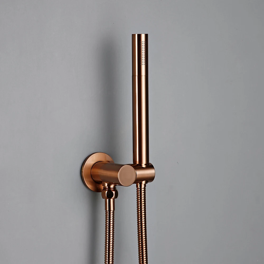 Bathroom Shower Faucet Set Brushed Rose Gold Shower Brass Hot Cold Wall Mount Arm Diverter Handheld Rian Head