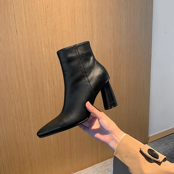 

Cow Leather Brand Women Ankle Boots High Heels Night Club Party Shoes Woman poined toe Short Ladies Boots