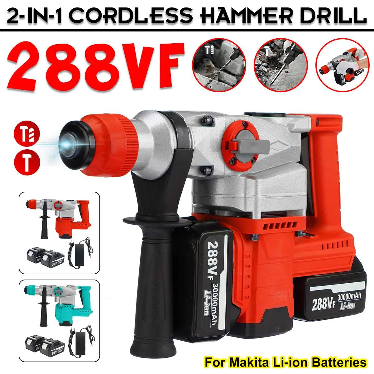 3 in 1 288Vf Rechargeable Brushless Cordless Rotary Hammer Drill