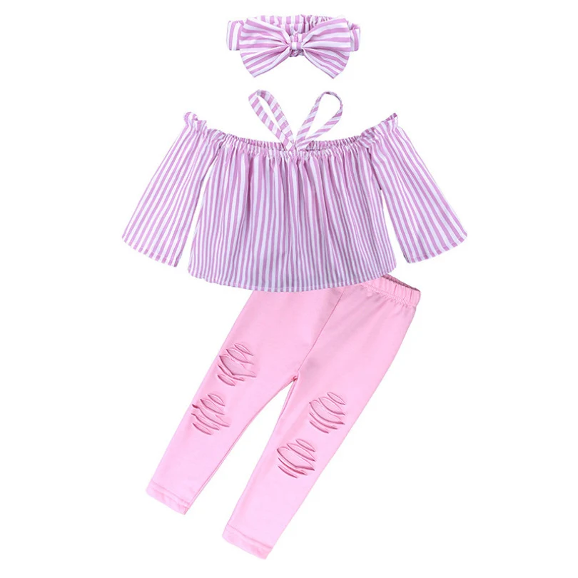 

Kids Baby Girl Stripe Off Shoulder Hanging Neck Top Pink Hole Pants Outfits Clothes Summer 3Pcs Kid Girls Clothing Set Casual
